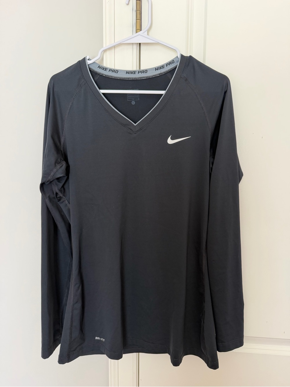 Nike Pro Women's Long Sleeve V-Neck Top - Black with White Swoosh